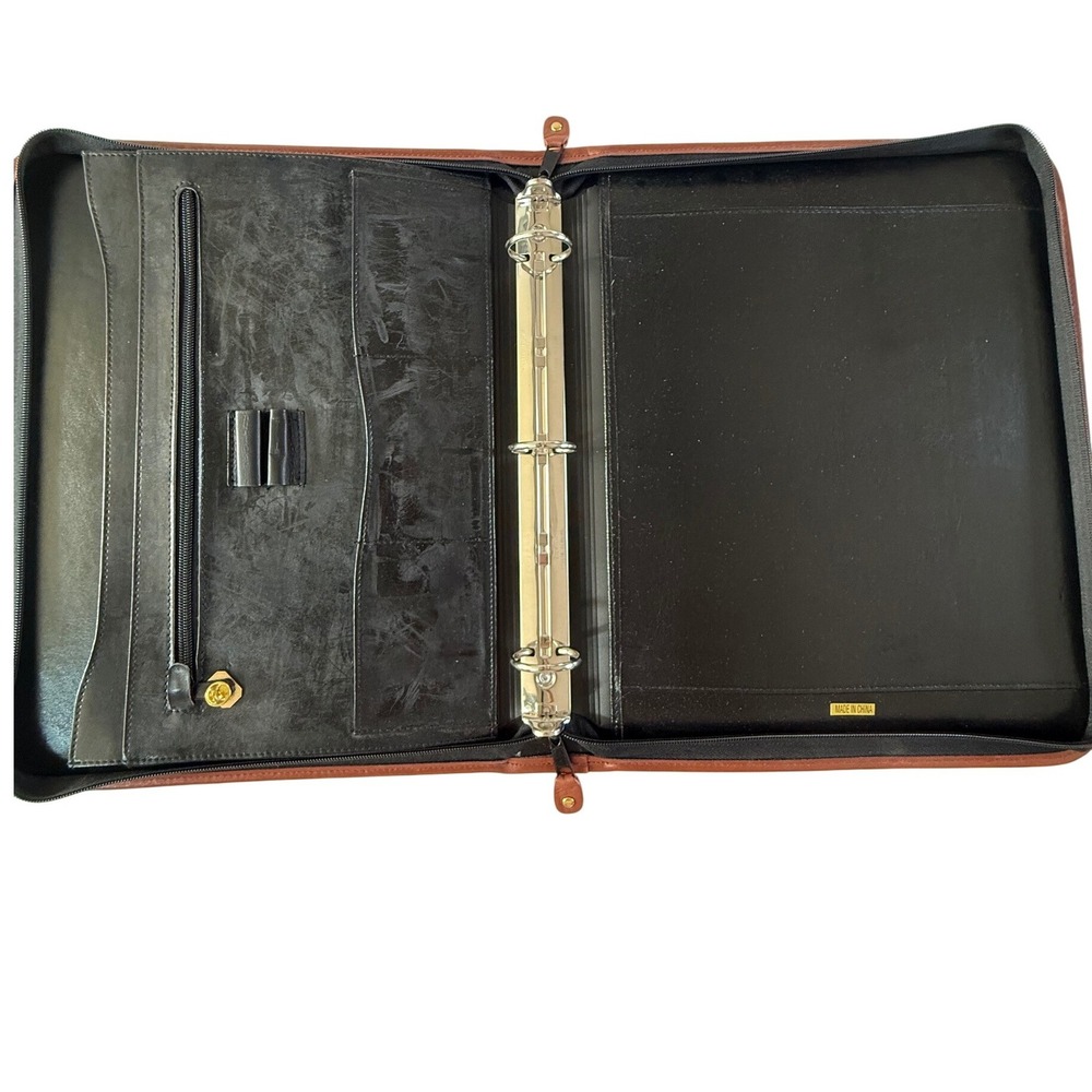 VTG Green Canvas Faux Leather Zip Portfolio Binder Organizer Briefcase Handles - Picture 5 of 8